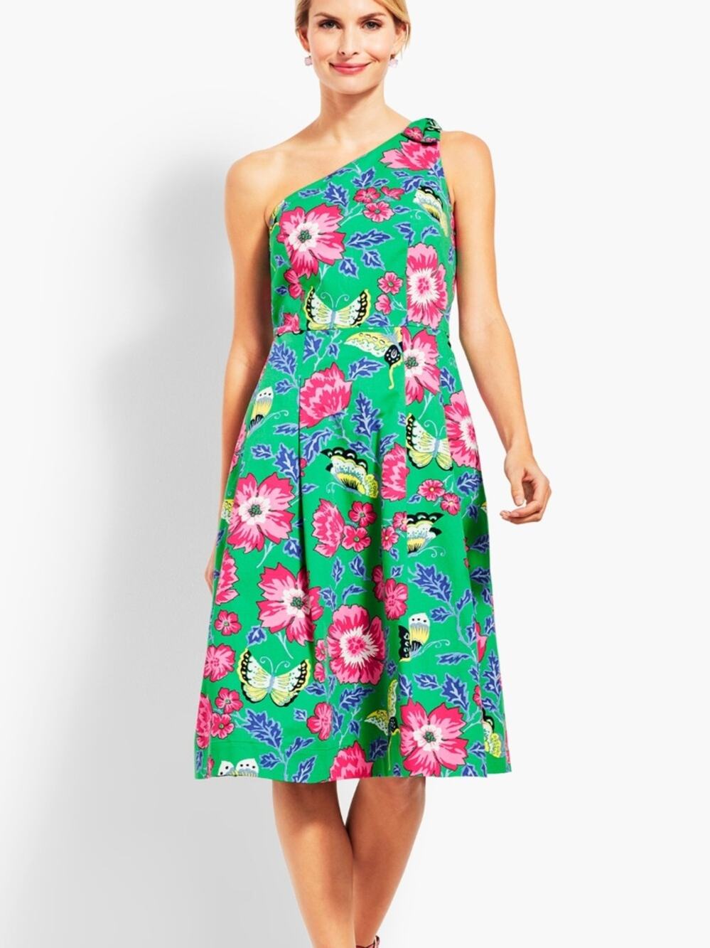 Talbots RSVP One Shoulder Floral Butterfly Fit & Flare Dress Green Pink 6 Petite